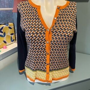Spartina 449 Orange and Black Cardigan Sweater with Geometric Pattern